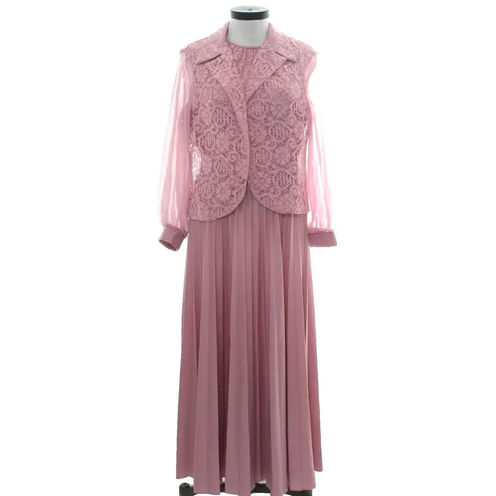 Vintage 1970s Mauve Lace Maxi Dress & Jacket Set Belted Formal Gown